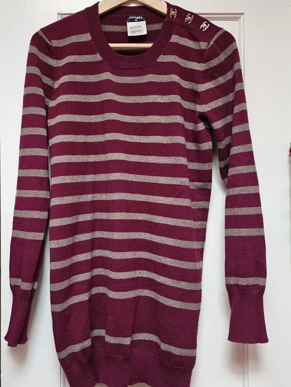 CHANEL Burgundy and Gray Striped Knit Sweater
